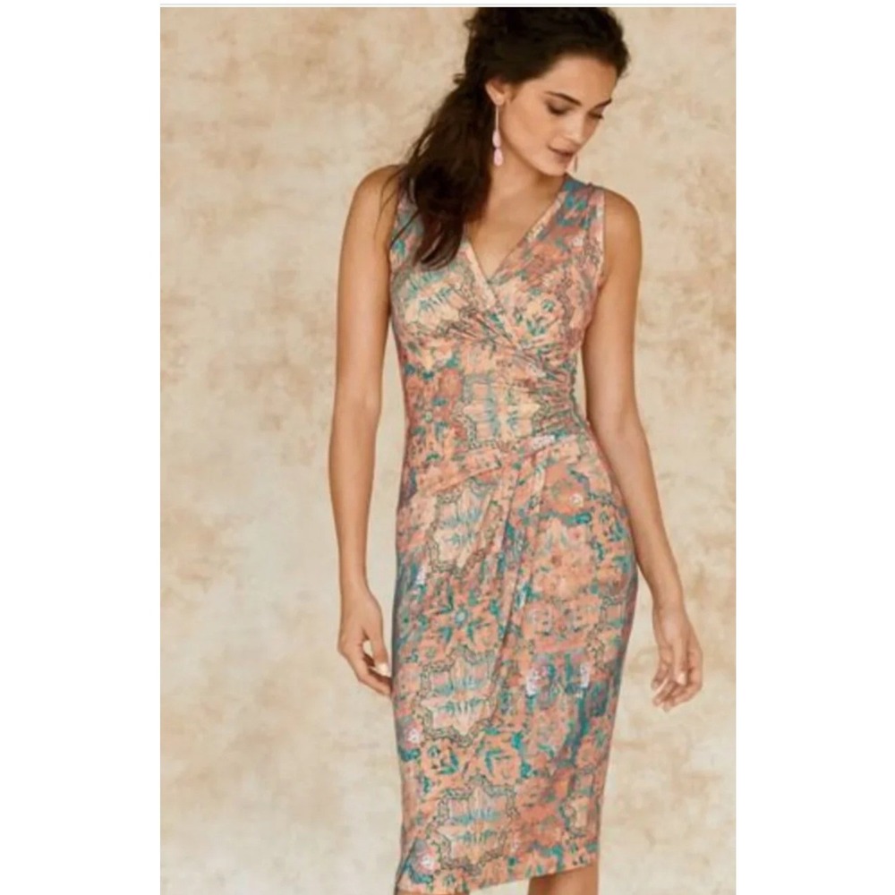 Peruvian Connection Halcyon Dress Women Medium Pink Teal Tapestry Ruched EXCL
